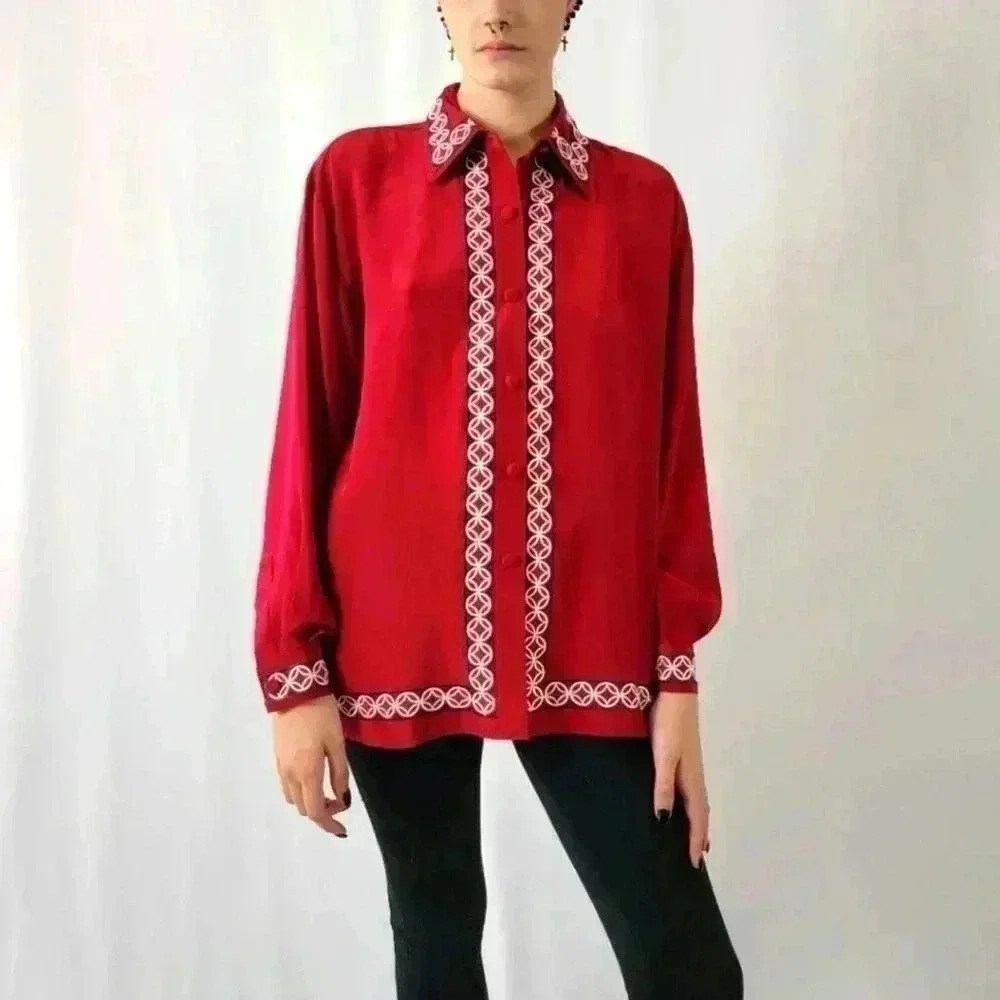 Vintage 90s Diane Von Furstenburg Silk Blouse Button Up Top - S - Picture 3 of 8